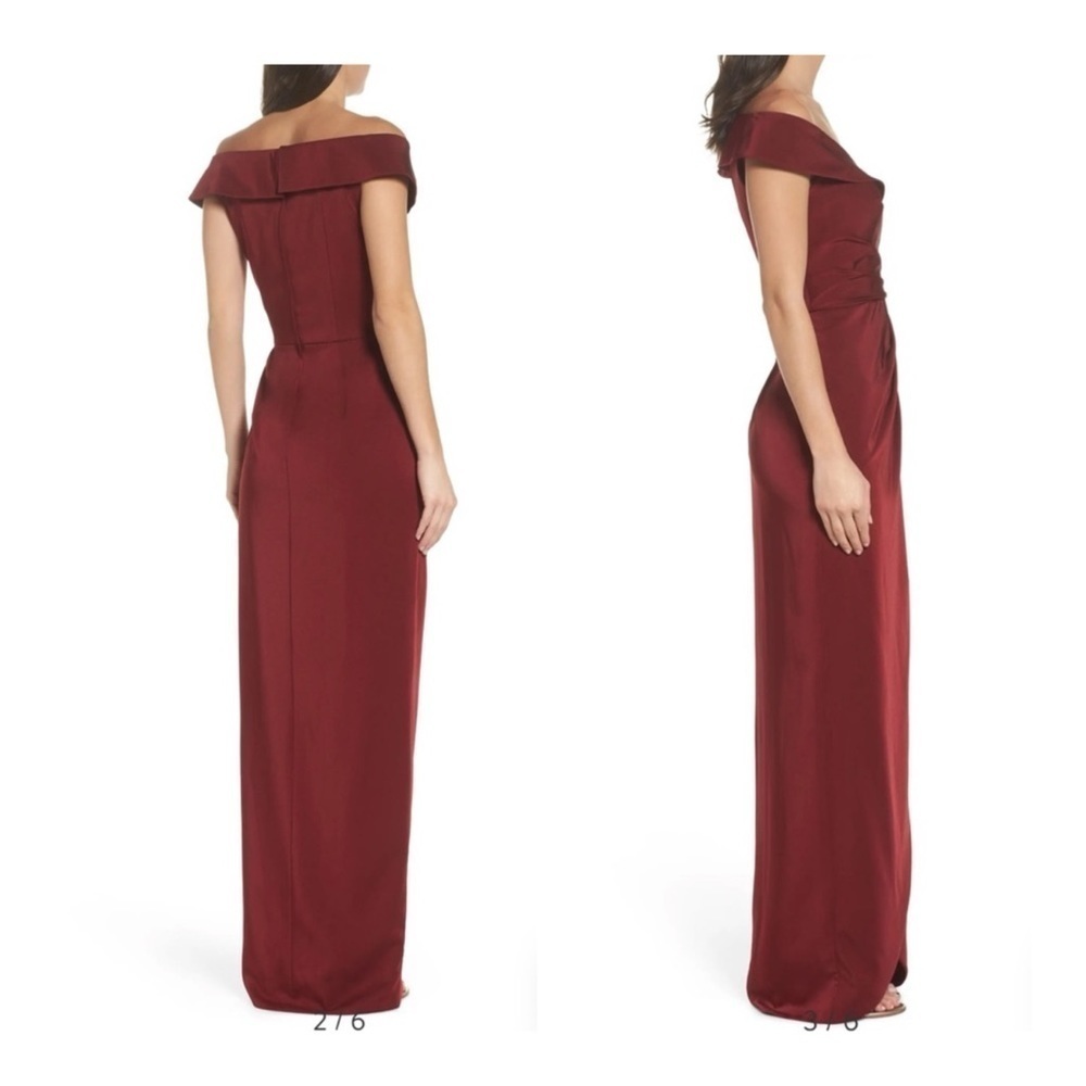 La Femme | Romantic Surplice Off the Shoulder Column Gown Dress Burgundy | 8 - Picture 2 of 7